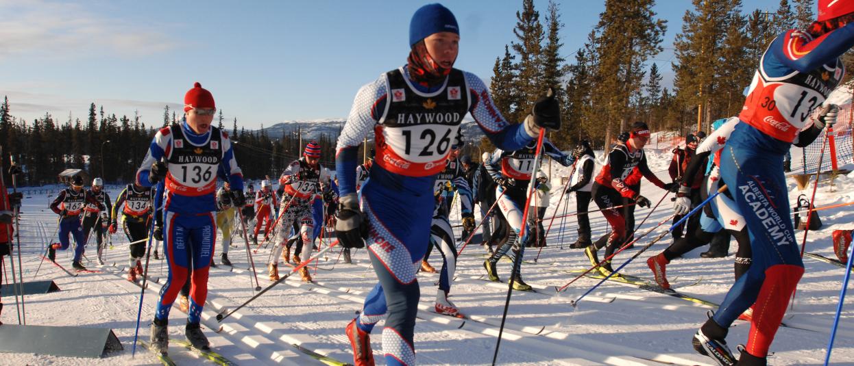 Skiers depart the start line at the Mount McIntyre ski stadium